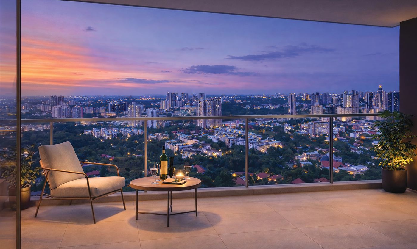 Artist's impression of a balcony view at dusk